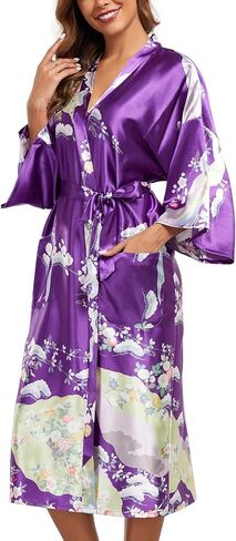 BestWendding Women's Satin Kimono Robes Floral Printed Long Bathrobe Silky Nightgowns Bridesmaid Robes with 2 Pockets in Saudi Arabia