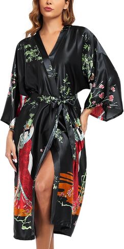 BestWendding Women's Satin Kimono Robes Floral Printed Long Bathrobe Silky Nightgowns Bridesmaid Robes with 2 Pockets in Kuwait