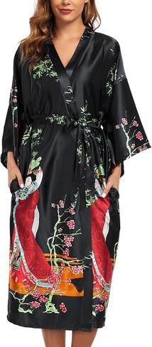 BestWendding Women's Satin Kimono Robes Floral Printed Long Bathrobe Silky Nightgowns Bridesmaid Robes with 2 Pockets in Kuwait