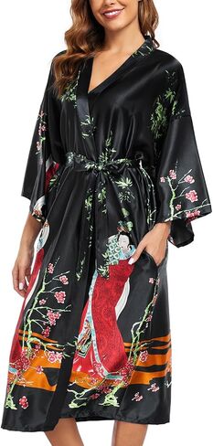 BestWendding Women's Satin Kimono Robes Floral Printed Long Bathrobe Silky Nightgowns Bridesmaid Robes with 2 Pockets in Kuwait