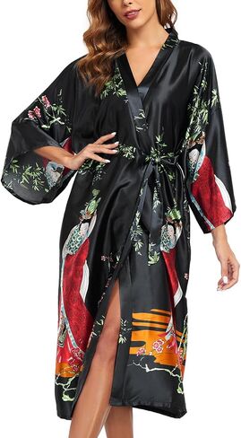 BestWendding Women's Satin Kimono Robes Floral Printed Long Bathrobe Silky Nightgowns Bridesmaid Robes with 2 Pockets in Kuwait