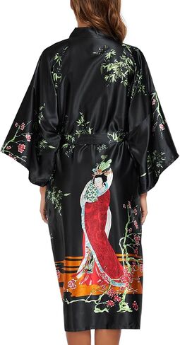 BestWendding Women's Satin Kimono Robes Floral Printed Long Bathrobe Silky Nightgowns Bridesmaid Robes with 2 Pockets in Kuwait