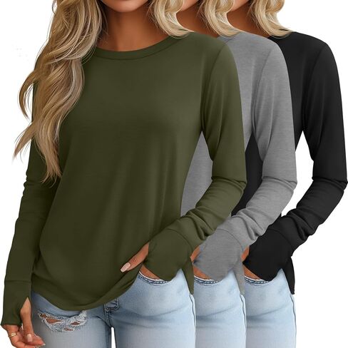 Huukeay 3 Pack Women's Long Sleeve Cotton Shirts, Casual Crew Neck Tunic Tops Fall Loose Y2k Trendy Outfits with Thumb Holes in Kuwait