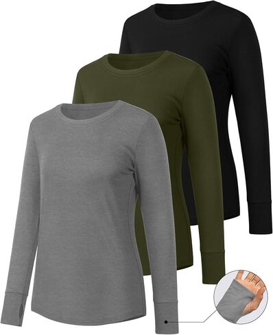 Huukeay 3 Pack Women's Long Sleeve Cotton Shirts, Casual Crew Neck Tunic Tops Fall Loose Y2k Trendy Outfits with Thumb Holes in Kuwait