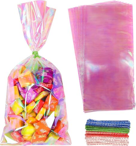 JOINDO 120PCS Iridescent Treat Bags,4x9.5 inch Holographic Goodie Bags with Twist Ties, Cellophane Candy Bags for Halloween, Christmas, New Year in Saudi Arabia