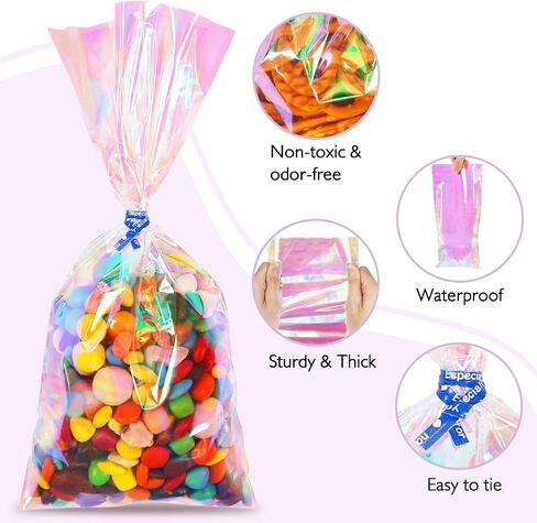 JOINDO 120PCS Iridescent Treat Bags,4x9.5 inch Holographic Goodie Bags with Twist Ties, Cellophane Candy Bags for Halloween, Christmas, New Year in Saudi Arabia