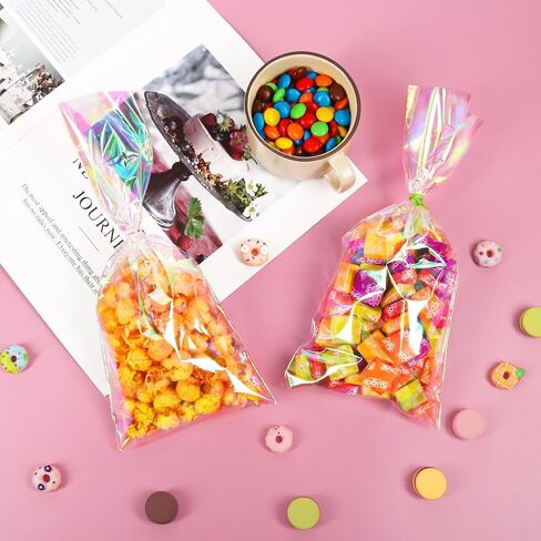 JOINDO 120PCS Iridescent Treat Bags,4x9.5 inch Holographic Goodie Bags with Twist Ties, Cellophane Candy Bags for Halloween, Christmas, New Year in Saudi Arabia