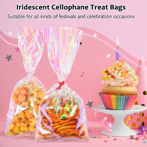 JOINDO 120PCS Iridescent Treat Bags,4x9.5 inch Holographic Goodie Bags with Twist Ties, Cellophane Candy Bags for Halloween, Christmas, New Year in Saudi Arabia