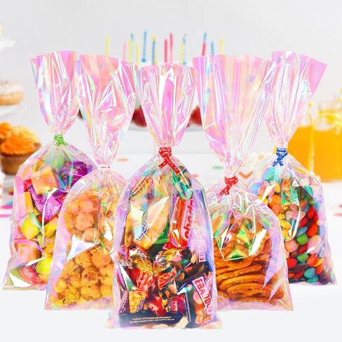 JOINDO 120PCS Iridescent Treat Bags,4x9.5 inch Holographic Goodie Bags with Twist Ties, Cellophane Candy Bags for Halloween, Christmas, New Year in Saudi Arabia