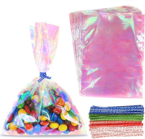 JOINDO 120PCS Iridescent Treat Bags,4x9.5 inch Holographic Goodie Bags with Twist Ties, Cellophane Candy Bags for Halloween, Christmas, New Year in Saudi Arabia