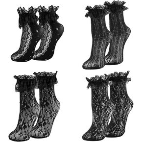 4 Pairs Black Lace Socks Women - Mesh Goth Socks Black Ruffle Frilly Socks Trim Socks Lolita Socks,Ankle High Socks for Young