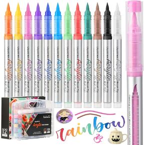 LIUILUCAI 12 Colors Paint Markers Acrylic Paint Pen Acrylic Paint Marker With Brush Tip Acrylic Pen Ideal For Pumpkin Painting，Wood, Plastic, Canvas DIY Crafts,Rock, Ceramic, Glass,Art, Drawing