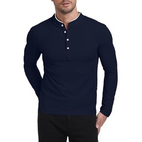 KUYIGO Men's Long Sleeve Waffle Mandarin Polo Shirts Fashion Button Slim Fit Casual Tops T-Shirt