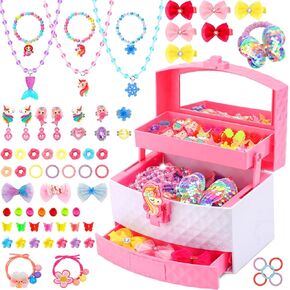 Kids Jewelry for Girls, 68Pcs Toddler Jewelry Toys Princess Dress Up Jewelry Set, Necklaces, Bracelets, Kids Rings, Hair Ties, Hair Clips, Funny Christmas Birthday Gifts for 3 4 5 6 7 8 Year Old Girl
