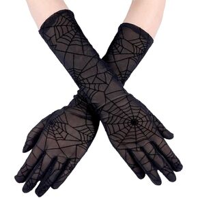 Furimuk Spider Web Witch Gloves Halloween Black Lace Gloves Elbow Long Mesh Gloves for Women Halloween Party Cosplay Costume Accessories