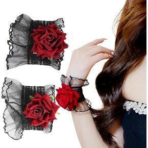 Lolita Short Hand Sleeve Gloves Gothic Red Rose Ruffle Lace Elastic Wristband Bracelet Fingerless Wrist Cuffs for Women Halloween Masquerade Cosplay Wedding Accessories Décor