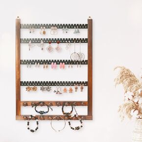 Solid Wood Earring Hanging Jewelry Organizer Wall Mounted Earring Organizer and Necklace Holder- Earring Display for studs, dangling, Necklace, Bracelet, and Rings-Brown