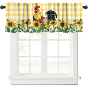 Rooster Kitchen Curtains Yellow White Buffalo Plaid Sunflowers Vintage Rustic Farm Chicken Rod Pocket Curtain Valance for Kitchen Bedroom Living Room Decor 1 Panel W54xL18 Inch