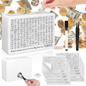 Wooden Money Box with 10 Saving Targets, White One Piece Cash Vault Wooden Savings Box with 10000 5000 4000 3000 2000 1000 800 500 Dollars Goals for for Adults Kids Boys Girls (White)