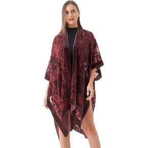 WeHello Women's Burnout Velvet Kimono Long Cardigan Cover Up Without Tassel (Maroon)…