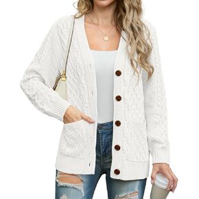 GRECERELLE Women 2024 Fall Long Sleeve Cable Knit Sweater Button Open Front Cardigan Loose Outerwear Coat with Pockets
