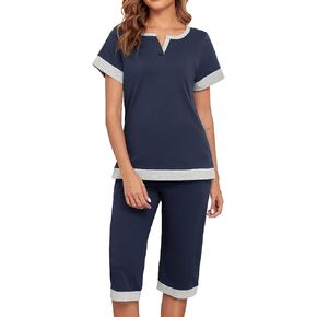 100% Cotton Pajama Sets For Women Soft Sleepwear 2 Pieces Lounge Set Comfy Top And Capri Pants With Pockets S-3XL
