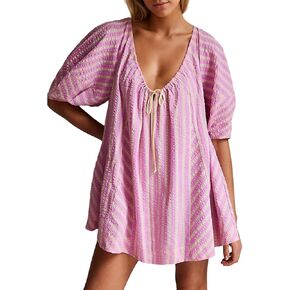 Women Y2K Puff Sleeve Striped Oversized Romper Dress Summer V Neck Overall Wide Leg Loose Jumpsuit with Pocket