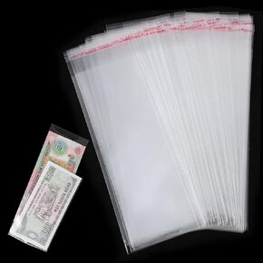 100pcs Plastic Money Envelopes for Cash Clear Paper Money Holder 8.6X2.7in Transparent Currency Sleeves Money Sleeve Resealable Adhesive Self-Sealing Packing Bag for Banknote Bill Trading Card Stamp