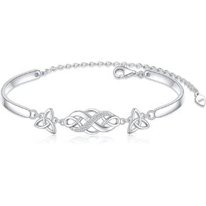 FLYOW Irish Celtic Knot Bracelet 925 Sterling Silver Infinity Love Cubic Zirconia CZ Good Luck Irish Cuff Bangle Bracelet Birthday Gifts Jewelry for Women
