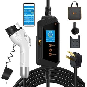 Feyree 16Amp Level 1 Level 2 EV Charger (110V-240V), Portable Electric Car Charger with NEMA 6-20 Plug, 5-15 Adapter, 17FT SAE J1772 Charger for Indoor/Outdoor with LCD/Adjust Current/Set Delay Time