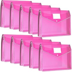 Epakh 10 Pcs Plastic File Folders Envelope Expanding File Wallet Organizer Documents Folder with Snap Closure and Pocket, A4 Size Waterproof Transparent File Pouch for School(Pink,Horizontal)