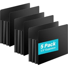 Ansook Plastic Expanding File Pockets,Heavy Duty with 3.5"Expansion,High Capacity Durable Accordion File Jacket,Letter Size,Poly Folder,Straight-Cut Tab, for Manila Folder,Bulk Archiving, 5 Pack,Black