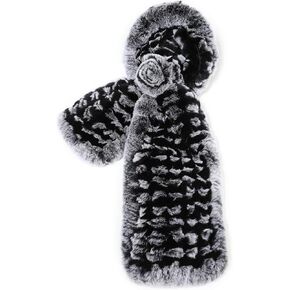 Fur Story Women's Rex Rabbit Fur Scarf Ladies Winter Warm Knitted Flowers Crochet Fashion Scarf Scarves for Women