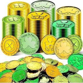 St Patricks Day Gold Coins, 120 Pcs Gold and Green Lucky Coins Plastic Shamrock Leprechaun Coins, St Patricks Day Decorations for Irish St. Patrick's Day Party Table Decorations