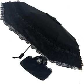 Sun rain umbrella sunshades with lace decoration compact enough to fit in tote bag prop for a Victorian mourning event Halloween freak show party with a lace hand bag Unique Auto close/open Princess Lace Folding Umbrella Anti-uv Parasol