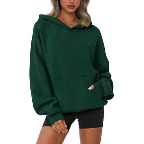 dowerme Women Oversized Sweaters 2024 Lantern Long Sleeve Drop Shoulder Chunky Knit Hooded Pullover Sweater with Pocket