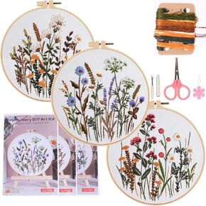 COCOMOX 3 Sets Embroidery Practice Kits, Flower Pattern Embroidery Kit for Beginners Adults, Hand Embroidery Kit for Kids, Easy to Follow Instruction and Video