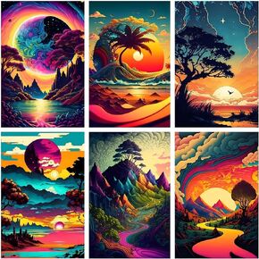 6 Pack Diamond Painting Kits for Adults Beginners, 5D DIY Landscape Moon Tree Full Drill Gem Paint with Diamonds,Beach Diamond Dots Arts Craft for Home Wall Decor 12x16inch