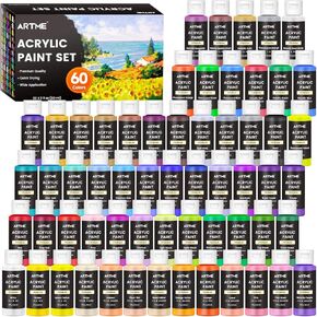 Acrylic Paint Set, 60 Colors in 2oz/60ml Bottles, Non Toxic, Waterproof, Rich Pigments Acrylic Paint for Artists, Students, Beginners Painting on Rocks Canvas Wood Clay Fabric Ceramic Crafts