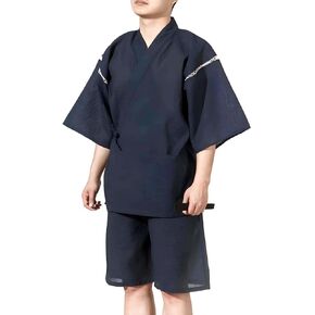 Men's Kimono Japanese Shirt and Shorts Suit, Cotton Linen Loungewear Lounge Set Spa Bathrobe, Navy