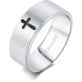 Cross Rings for Men, Genuine Titanium Rings for Men Lord Jesus Christian 8MM Black Silver Mens Wedding Ring Comfort Fit Matte for Men Size 6-12