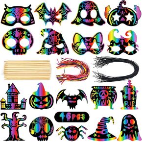 Leesgel Halloween Scratch Crafts للأطفال، 16 قطعة من قناع الخدش للهالوين DIY و30 قطعة من ورق الخدش السحري، ألعاب حفلات الهالوين تفضل مجموعة فن الأنشطة في الفصل الدراسي
