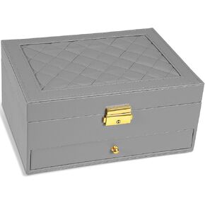 2-Layer Jewelry Box for Women, Jewelry Organizers and Storage with Removable Jewelry Tray, Vintage Quilted Top Lockable Jewelry Holder Gift Idea Gray