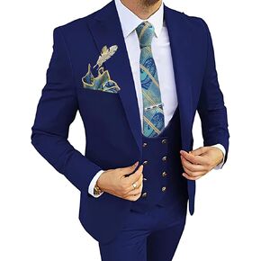 MOGU Mens Suits Gold Buttons 3 Piece Slim Fit Tuxedo Suit Set Blazer Vest Pants for Wedding Prom
