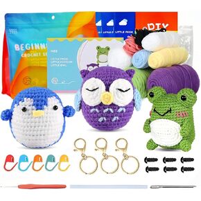 Christabelle Verina Crochet Kit for Beginners (Pack of 3) Crochet Animals: Frog, Penguin, Owl - Amigurumi Crochet Kit for Adults, Kids with Step-by-Step Video Tutorials and Yarns, Hook, Carrying Bag