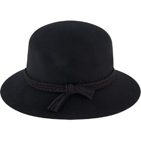Christian Siriano New York Cloche Hat, Vintage Wool Felt Bowler Hat with Faux Suede Braid for Women, Black, One Size