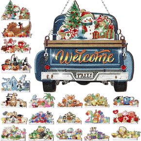 Burbell 21 Pcs Interchangeable Diamond Painting Welcome Sign for Front Door Diamond Painting Truck Decor Interchangeable Seasonal Welcome Sign for DIY Diamond Art Kit Wall Window Door Farmhouse (Red)