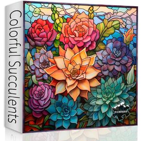 Stained Glass Succulent Puzzles for Adults 1000 Pieces, Mosaic Succulent Plant Puzzle Hard, Impossible Difficult Challenging Puzzles, Colorful Art Stained Glass Puzzle