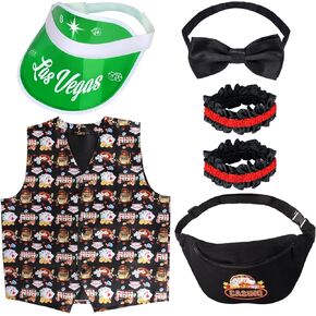 Kyson Casino Dealer Costume Set 5 Pcs Las Vegas Vest Poker Visor Fanny Pack Poker Bowtie Armbands for Halloween Game Party