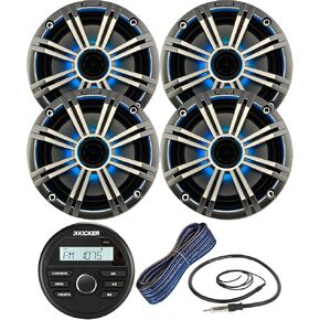KICKER Weather-Resistant Gauge Style Bluetooth Marine Digital Media Receiver Bundle Combo with (Qty 4) 6.5" 2-Way 195W Max Coaxial Marine LED Speakers w/White Grilles, 16-Gauge Wire, 22" Antenna